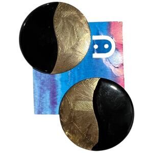 Vintage Gold Black Clip On Earrings Textured Metal Statement Costume